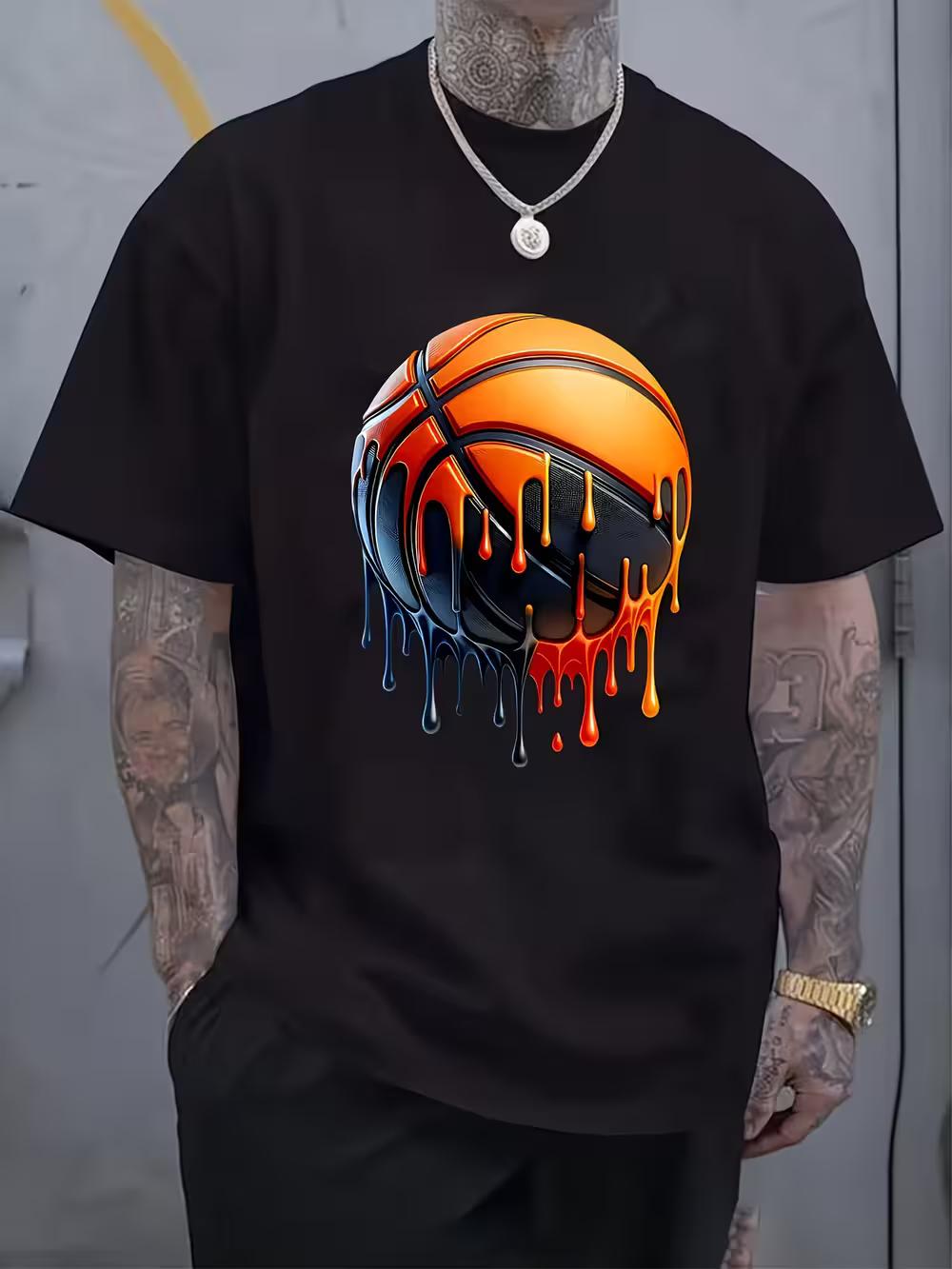 Men S Graphic T-Shirt - Melting Basketball Design Stretchy Round Neck Short Sleeve Shirt S
