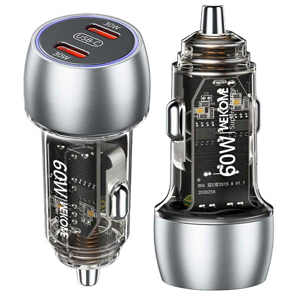 

WEKOME WP-C54 Car Charger 60W Dual USB-C Fast Charging Aluminum Alloy Transparent Adapter Silver