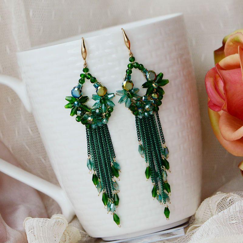 Boucles d'oreilles perlées Cristal Rondeur Chaîne à pompon Tricot à la main Bohème Alliage Mode Simple Boucles d'oreilles perles de riz