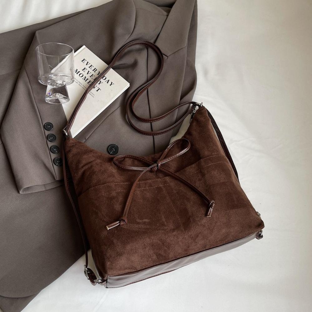 Large Capacity Bow Backpack Solid Color Shoulder Tote Bag Casual Suede Shoulder Bag Shopping
