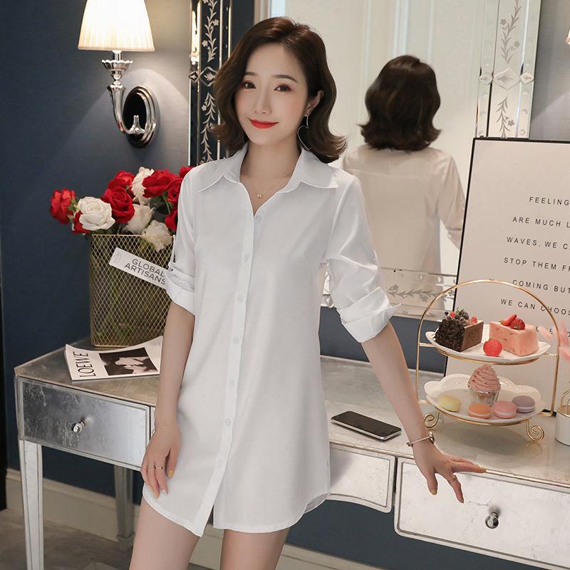 

Women s 2025 BF Style Plus Size Loose White Long Sleeve Mid-Length Casual Shirt 5XL