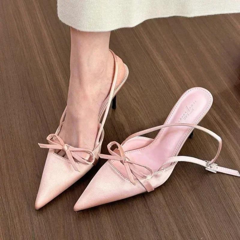 Fashion Hot Selling 2025 New Pointed Bow Sandals for Women Summer Slim Heels High Heels,Wearing Fairy Women's Shoes Outside Women Heels