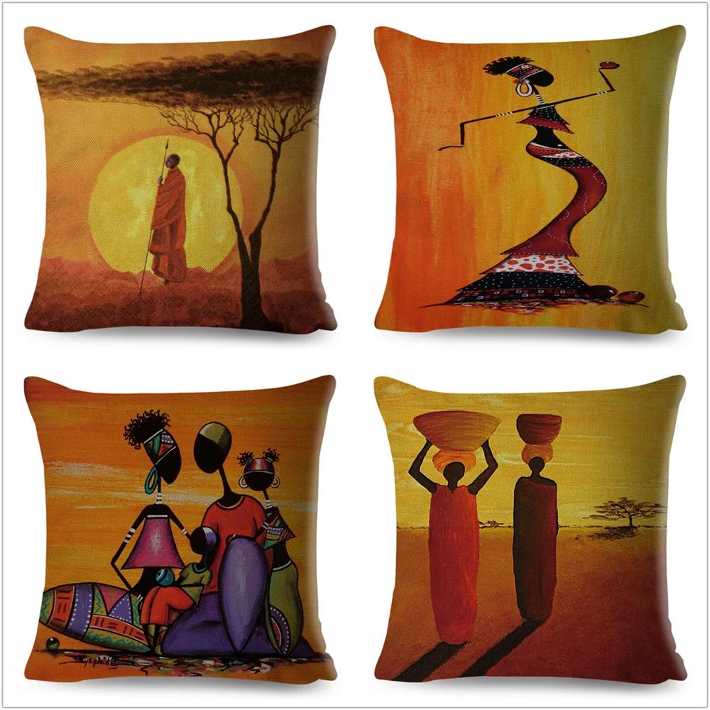 Abstract Painting Cotton Linen Decorative Cushion Cover Africa Life African Woman Home Decor Pillow Case Exotic Pillowcase