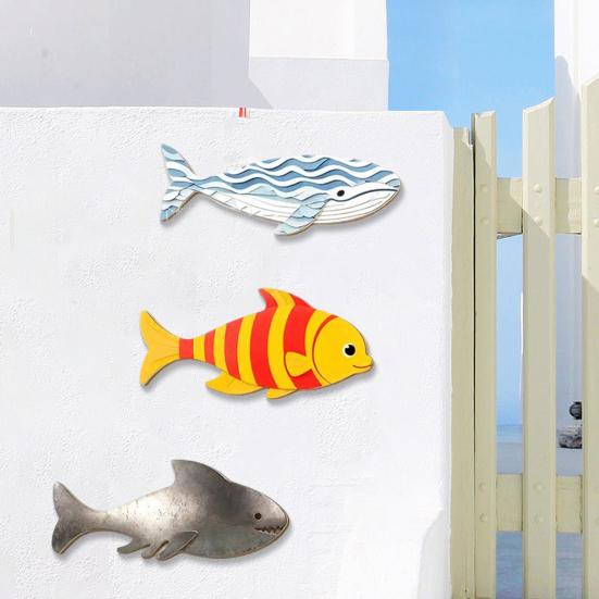 3Pcs/Set Wooden Fish Nautical Wall Decor, Whale Shark Striped Fish Wall Art for Lake House, Coastal Ocean Theme Hanging Ornament