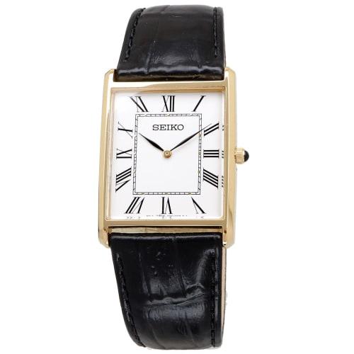 Seiko Men's Square Design Quartz Watch SWR052 with White Dial and Black Leather Band