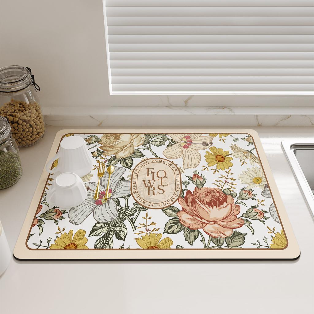 Retro Dish Drying Mats For Kitchen Non-slip Coffee Draining Pad Quick Dry Tableware Placemat Dinnerware Washable