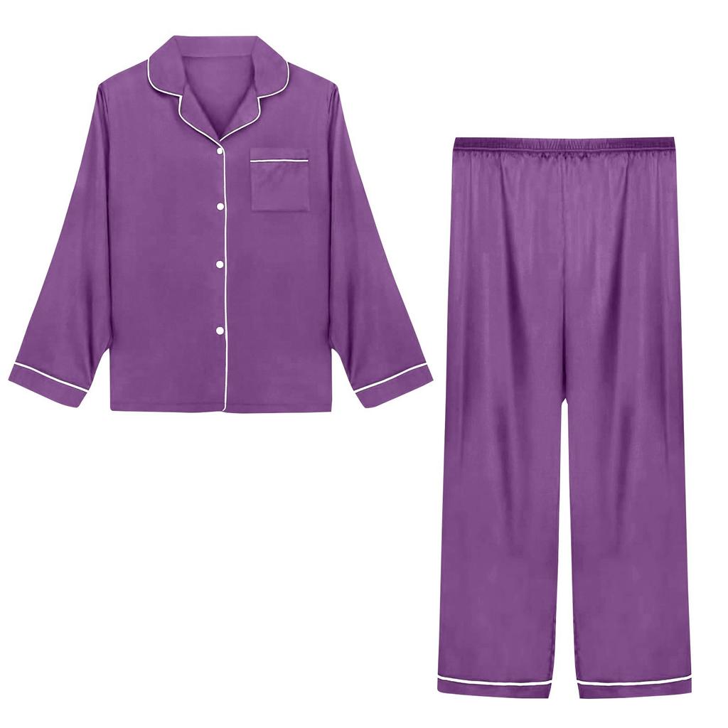Women's Casual Cardigan Long Sleeve Pajamas Set Ice Silk Home Clothes Two-piece Set