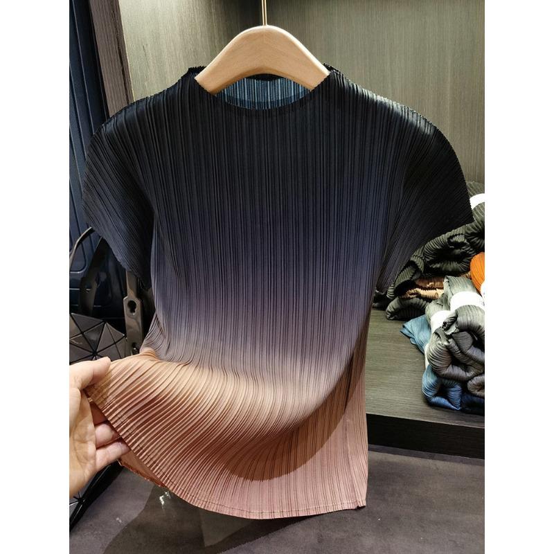 Luxury Gradient Color Ruffled Tops Women Stylish O-neck Short Sleeve T Shirt Casual Outfit