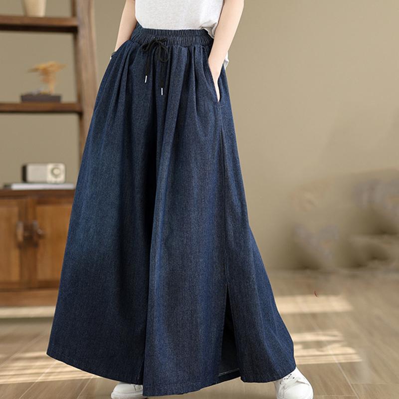 Blaue High Waist Weite Hosen Damen Sommer Einfarbig Lässig Jeanshosen Damen Schlitz Locker Jeanshosen