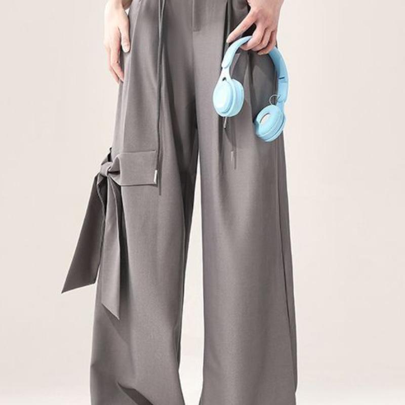 Gray Casual Suit Pants for Women Summer Bowknot Design Straight Advanced Drape Loose Wide Leg Pants