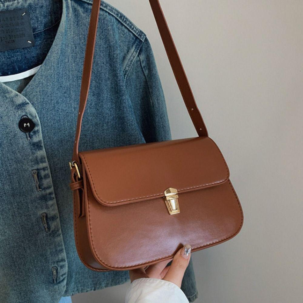 Vintage Buckle Shoulder Bag Solid Color Women's Armpit Bag Korean Retro Underarn Bag Girls