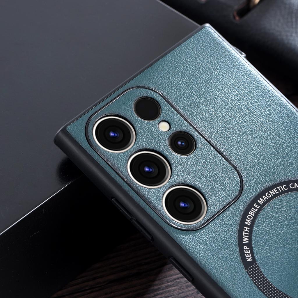 For Samsung Galaxy S23 Ultra Cover Compatible with MagSafe Charger PU Leather Coated TPU+PC Phone Case