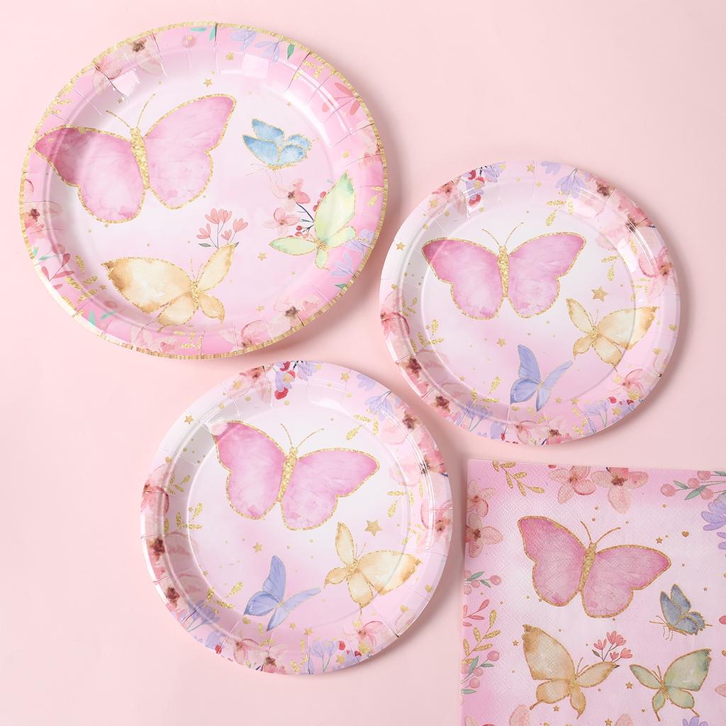 Butterfly Tableware Girls Birthday Party Paper Plates Napkins Cups Decorations Balloons Butterfly Fairy Themed Party Supplies