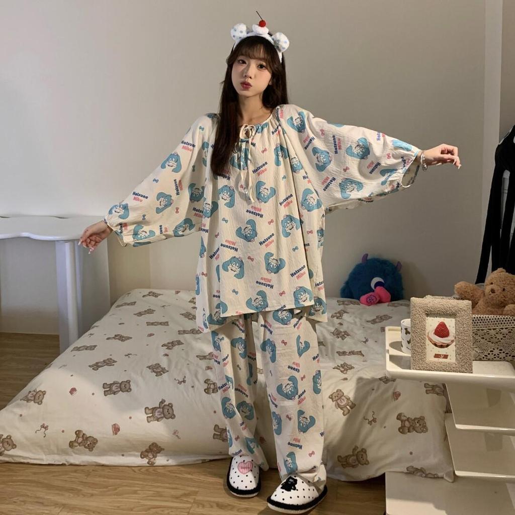 Women's Sweet Pure Cotton Pajama Set - Round Neck, Long Sleeve, Long Pants, Comfortable Home Wear for Spring & Autumn