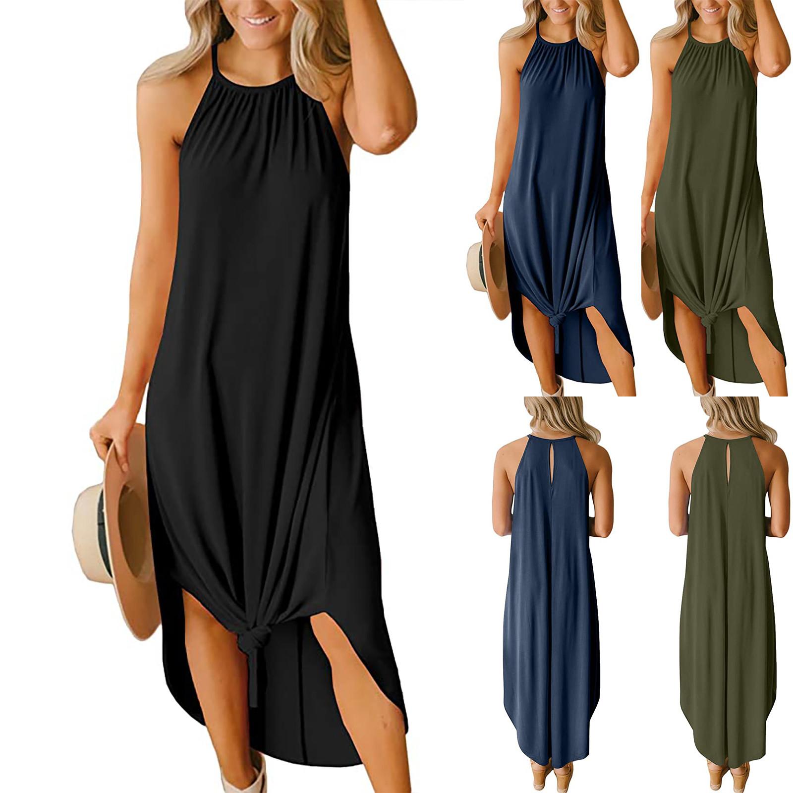 

Модное женское цветное длинное платье с бретелькой на шее, повседневное пуловерное платье с разрезом по бокам