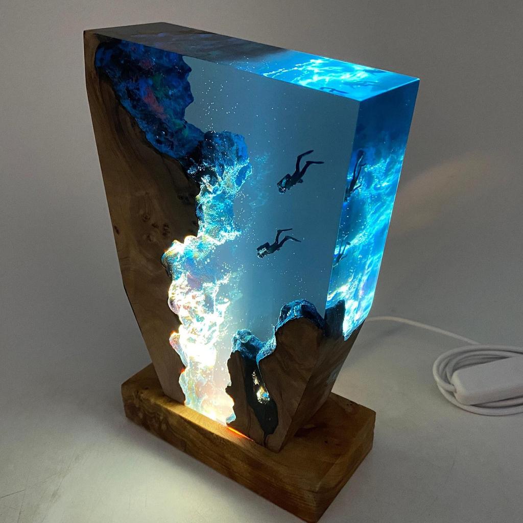 Ocean Diver Epoxy Resin Art Sculpture featuring LED Night Light Undersea Scene Desk Lamp Handmade Collectible Decor and Ambient Light
