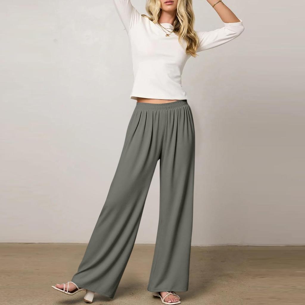 Women's Elastic Waist Wide Leg Pants Baggy Casual Stretch Palazzo Pants With Pockets