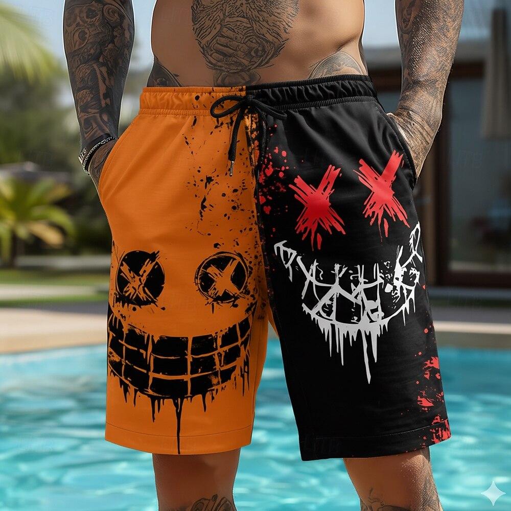 

Men s Cartoon Smile Face Shorts Mid Waist Vintage Drawstring Waist Side Pockets Daily Wear for Spring & Summer XL