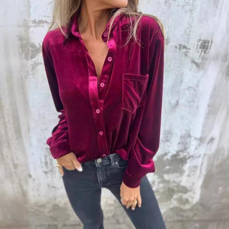 Women S Velvet Long Sleeve Loose Fit Button Down Shirt