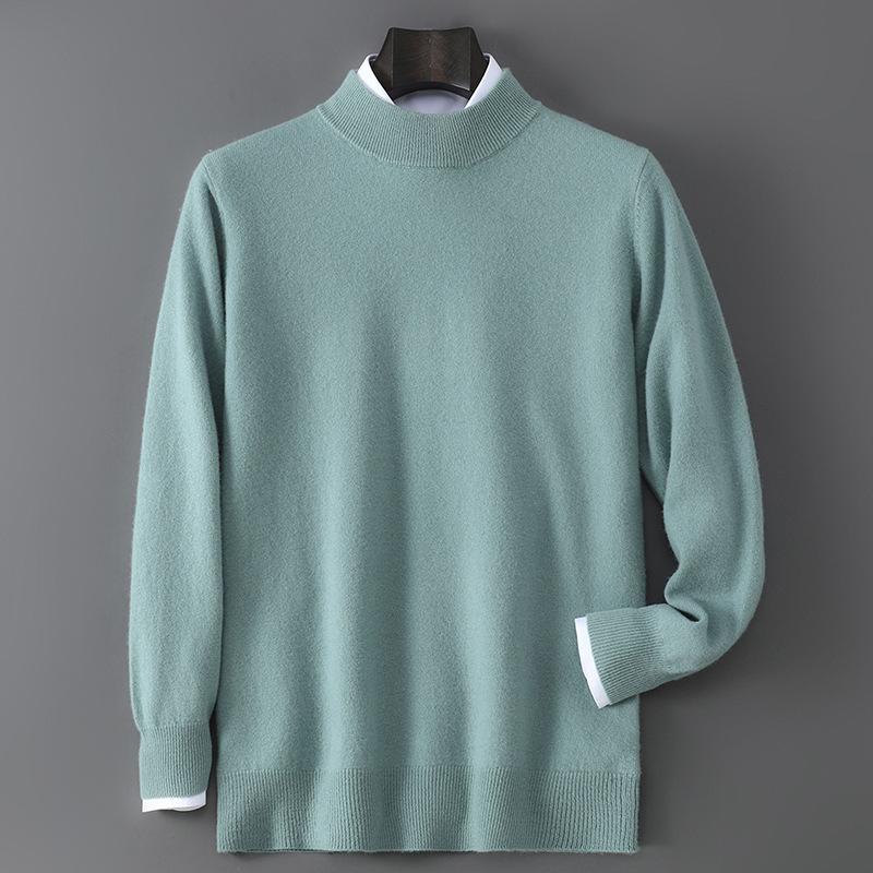 Men's 100% Pure Wool Half-High Neck Sweater - Solid Color, Business Casual Knit Base Layer Top