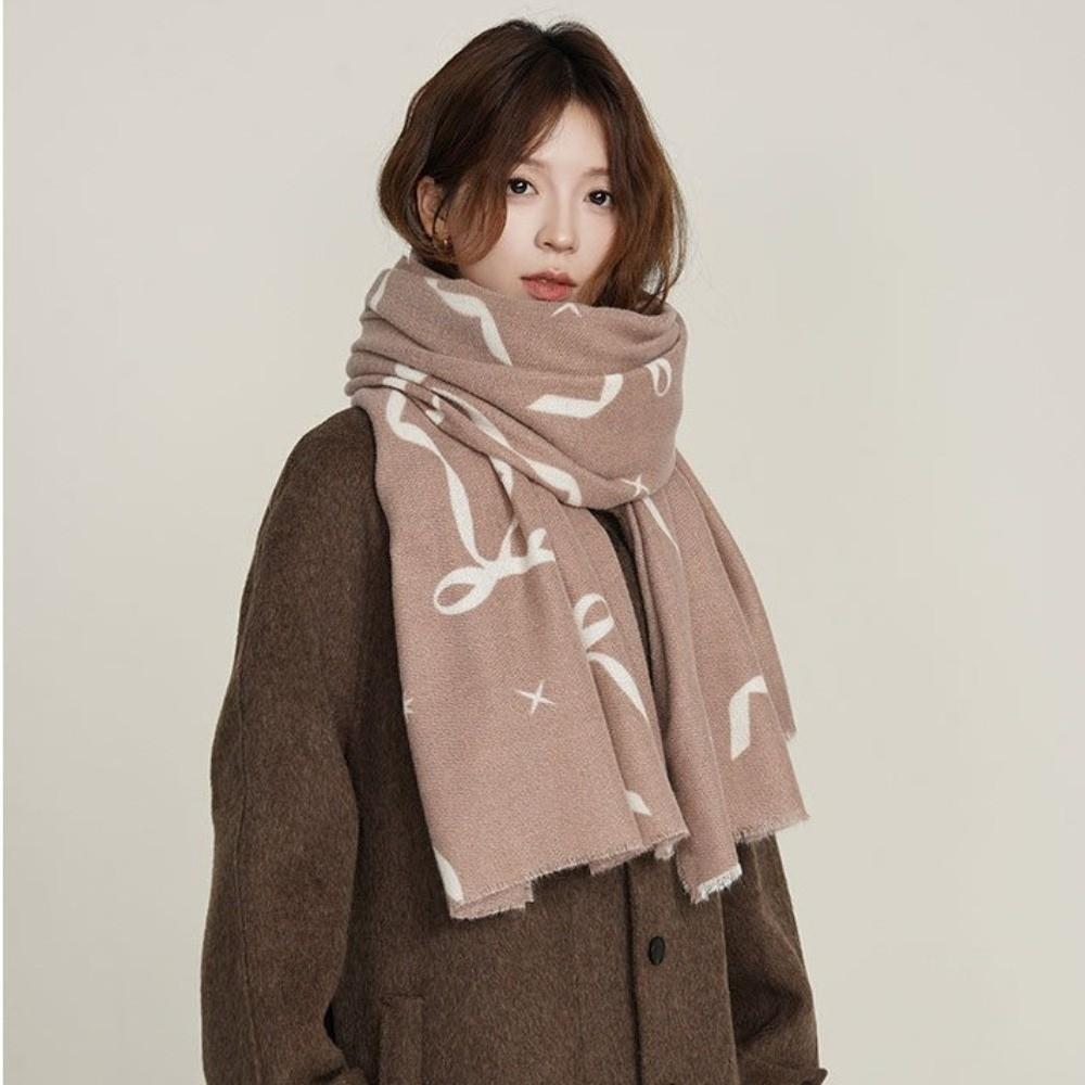 Thicken Bow Wool Scarf Printed Women Cashmere Shawl Soft Winter Cashmere Scarves Office