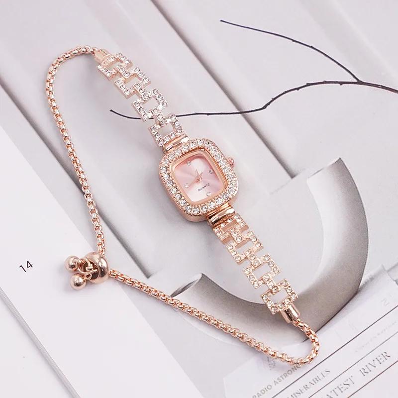 Cross-border new small square bracelet pull women's watch free adjustment square chain diamond set small ladies quartz watch