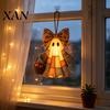 Resin Wall Ornament Lighted Vintage Patchwork Ghost Door Hanger, Rustic Farmhouse Figurine, LED Light Up Hanging Art for Halloween Spooky Statue