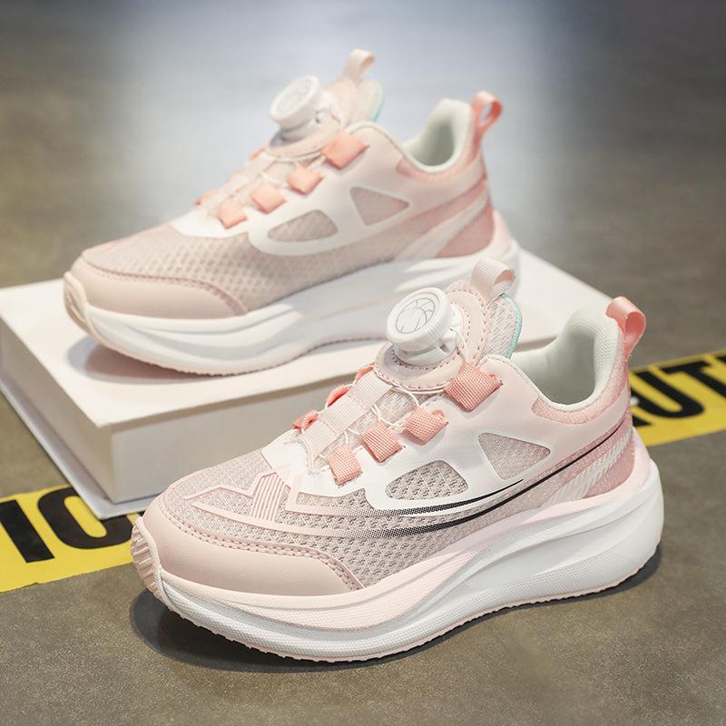 2025 Summer New Boys Mesh Breathable Sneakers Rotating Button Carbon Plate Classmates Girls Running Shoes