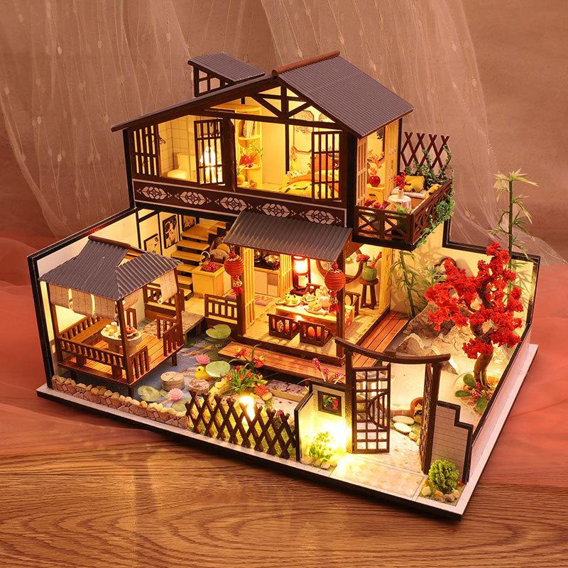 DIY Wooden Dollhouse Town Architecture Doll Houses Miniatures with Furniture Toy Children Birthday Gift