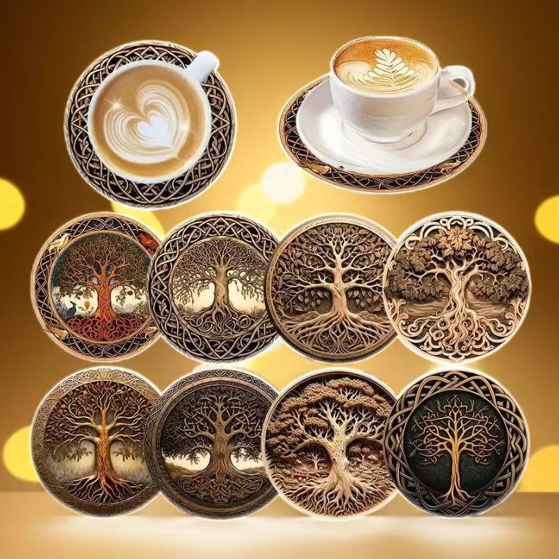 Tree of Life 8-Piece Wooden Heat-Insulating Non-Slip Coaster Set