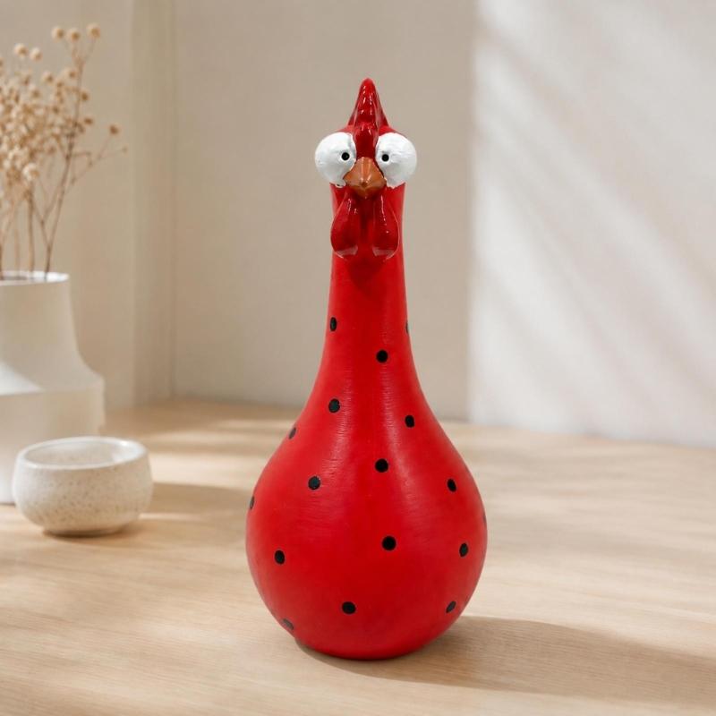 Chicken Flower Vessel with Rounded Body, Contrasting Dot Pattern, and Long Neck for Faux Florals, Office Desks, and Studies