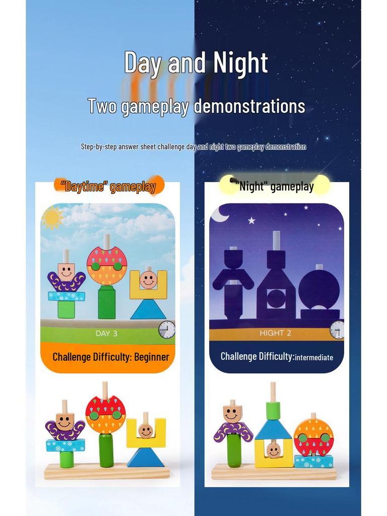 Montessori Shape Recognition Stacking Blocks - Educational Day & Night Wooden Toy for Kids