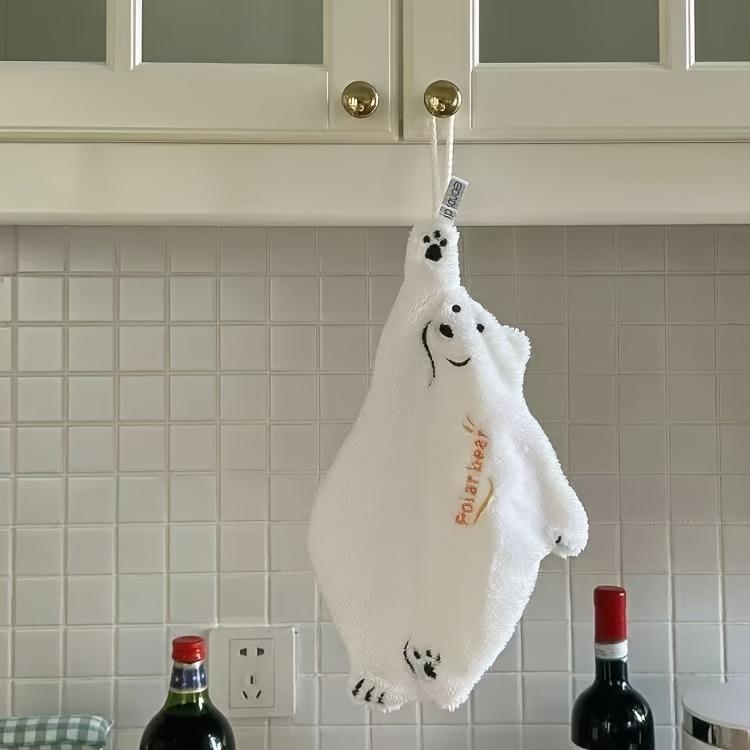 

2pcs Coral Fleece Hanging Hand Towel Super Absorbent Thick Cartoon Design With Details Ideal For Kitchen Use White*2