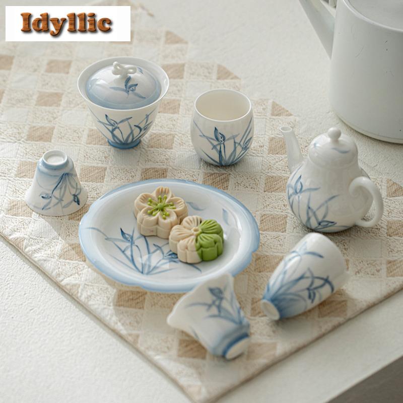 2pc/lot Hand Drawn Orchid Jade Mud Teacup Aesthetic Tea Bowl Tea Pair Tea-tasting Meditation Cup Jianzhan Master Cups Gift 65ml