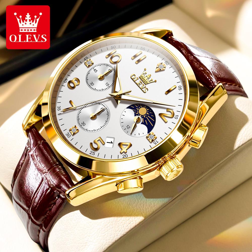 OLEVS 2890 Sport Men's Watches Moon Phase Chronograph Luminous Leather Strap Date Buisness Fashion Quartz Man Wristwatch
