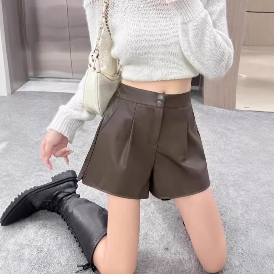 

Women s High-Waist A-Line Brown PU Leather Shorts - Autumn/Winter 2024 Style S