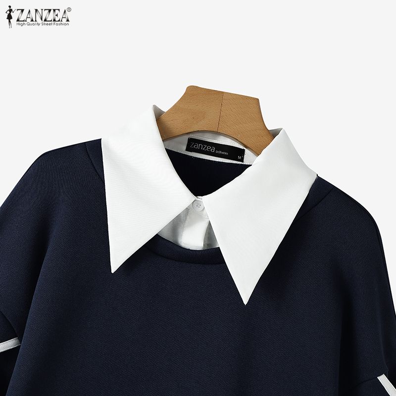 ZANZEA Sweat-shirts décontractés pour femmes à col rabattu, manches longues et patchwork