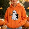 Ghost Black Cat Coffee Print Halloween Hoodie Spooky Season Graphic Pullover Women Fall Holiday Daily Wear Top Hoodies Women