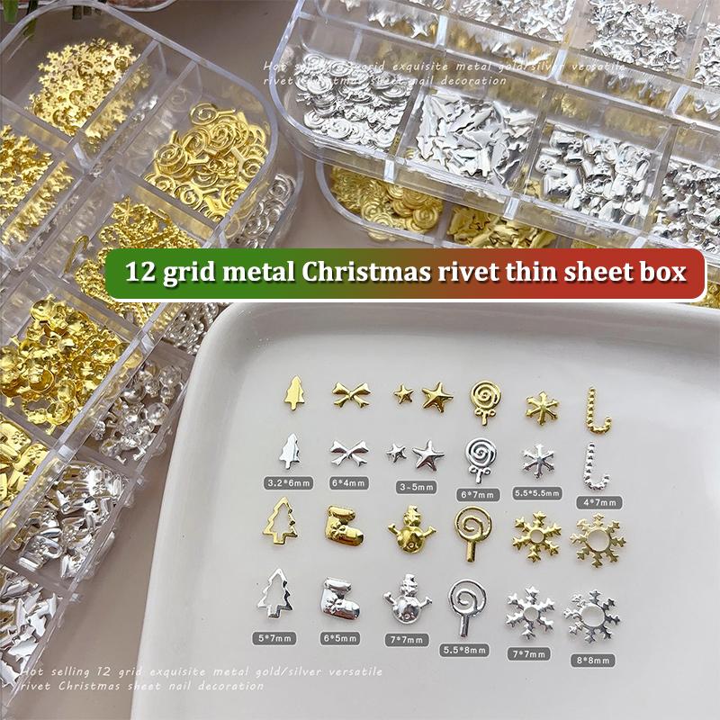 12 Grids Christmas Metal Slice Xmas Tree Snowflake Lollipop Gear Star Gold Silver Nail Art Sequins Decorations Manicure Charms