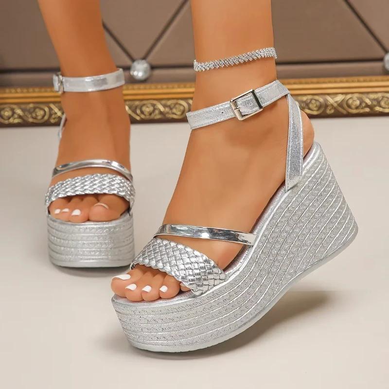 Fashion Platform Sandals New Summer Women's Sandals Wedges Round Toe High Heel Shoes for Women Open Toe Buckle Strap Outdoor Dress Shoes