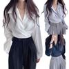 Women Chiffon Shirt Back Tie Bowknot Waist Closing Unique Tops