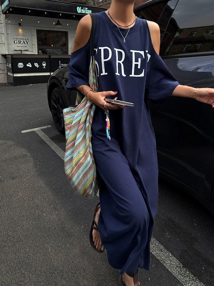 Plus Size Women's Summer Off-shoulder Loose Dress Letter Printing Casual Long T-Shirt Dresses