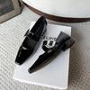 Fashion Clearing Warehouse Mary Janes Shoes for Women Leather Shoes Low Heels Black Leather Rhinestone Buckle Soft Comfortable Pumps