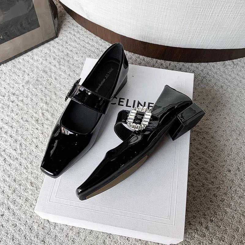 Fashion Clearing Warehouse Mary Janes Shoes for Women Leather Shoes Low Heels Black Leather Rhinestone Buckle Soft Comfortable Pumps