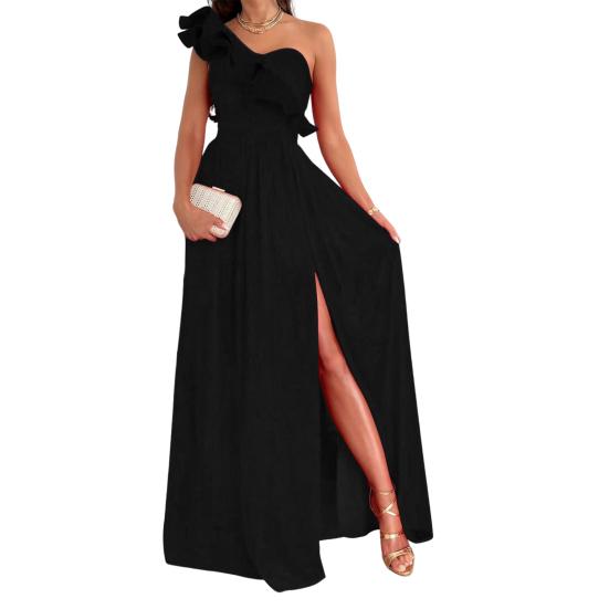 Sleeveless Side Split Flowy Hem Elegant Dress Sexy Skew Collar Ruffle Decor