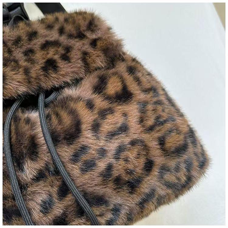 Leopard Print Plush Backpack - Women's Versatile Winter Bag