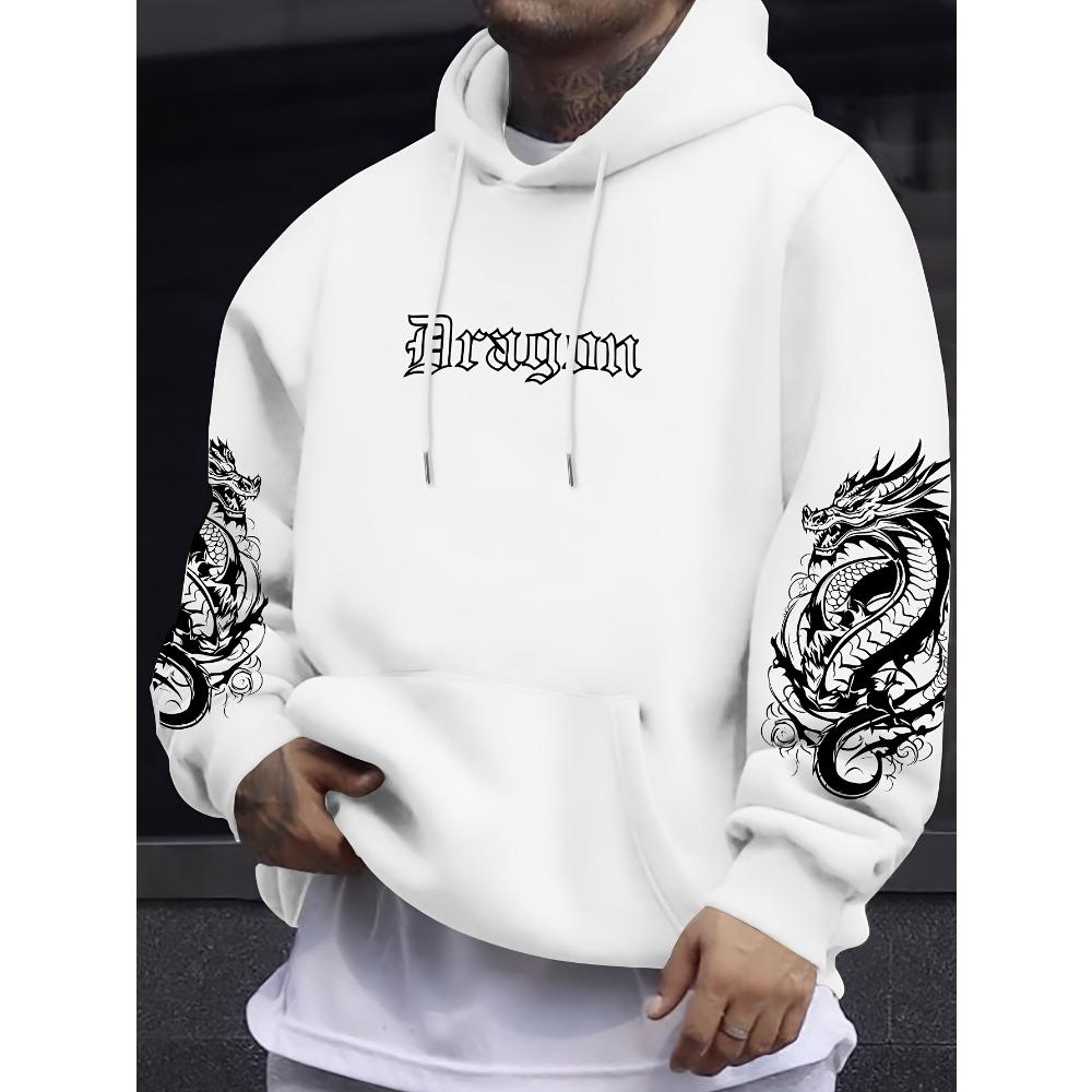 Dragon Element Print Pocket Hooded Sweatshirt Is Suitable for Daily Holiday Outdoor Wear, Autumn And Winter Thickened Men'S Print Hoodie