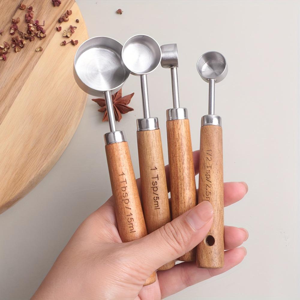 8-Piece Stainless Steel Measuring Cup & Spoon Set with Titanium Gold & Wooden Handles