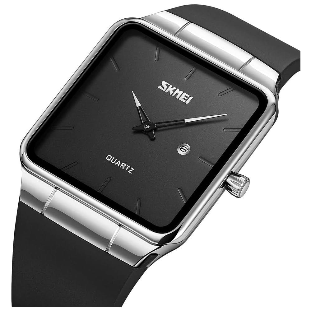Square Men's Watch Leather Band Black Simple Slim Stylish Waterproof Business Casual Silver Black