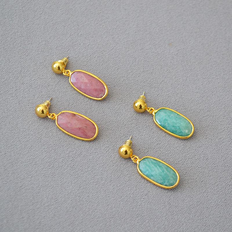 

Retro Copper Gold-Plated Oval Faceted Genuine Stone 925 Silver Stud Earrings